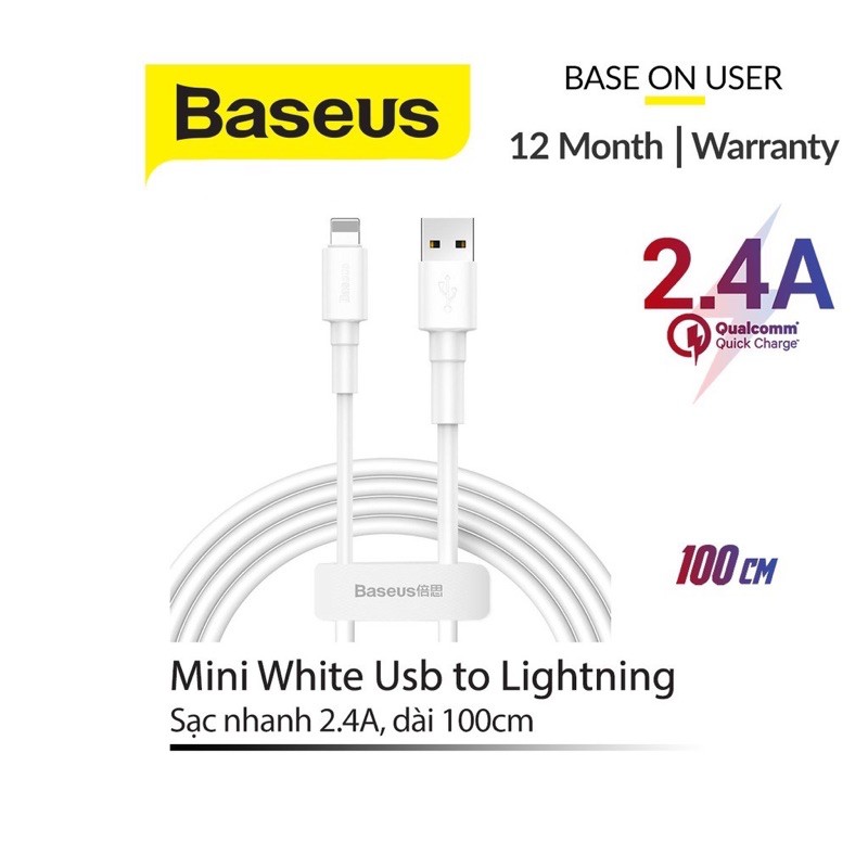 [GIAO HÀNG NHANH] Cáp sạc Baseus mini white trắng 1m (lingthning/type C; 2.4A/3A)