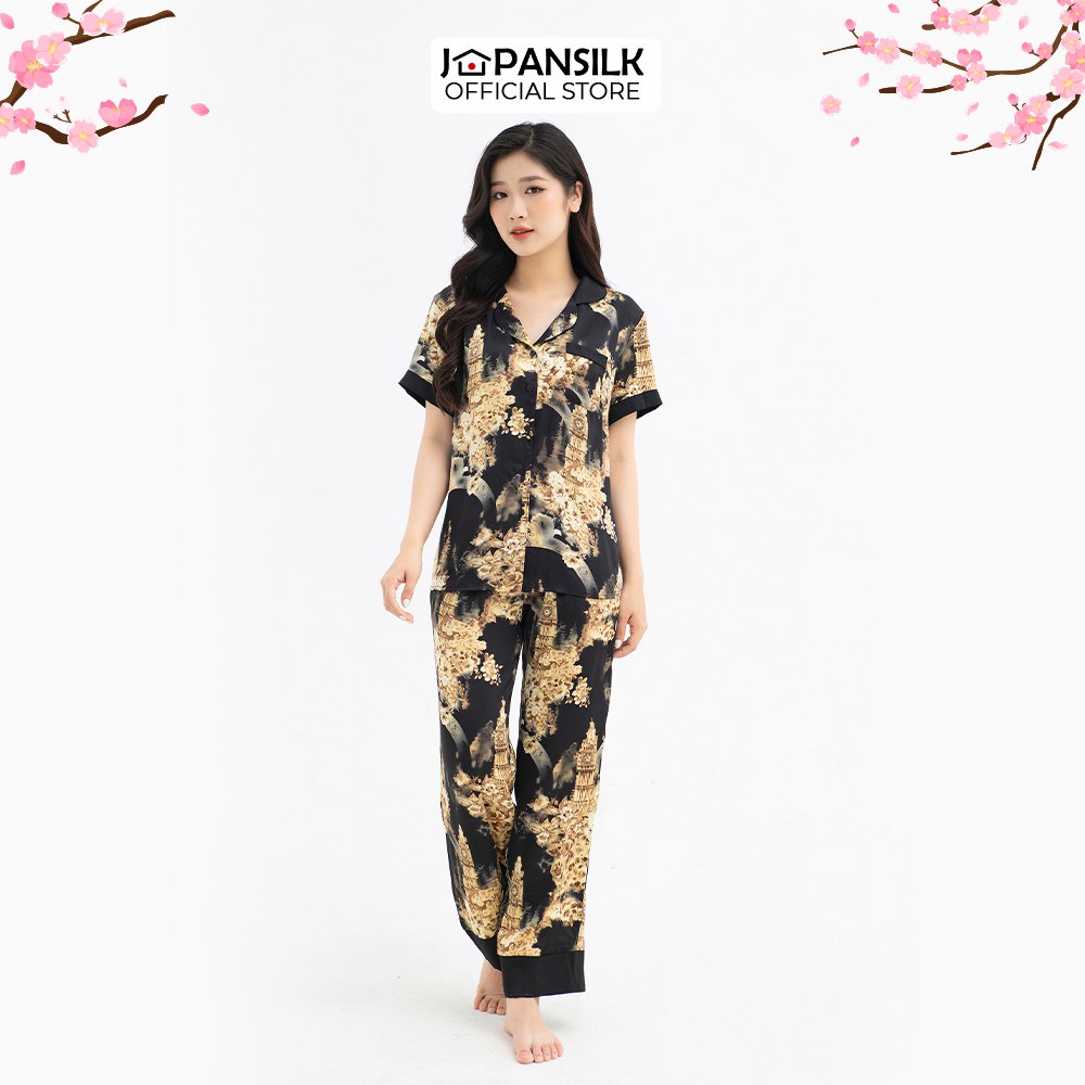 Bộ đồ ngủ Bigsize Pijama lụa Nhật cao cấp JAPANSILK, ngắn tay quần dài màu sắc tối giản tôn dáng