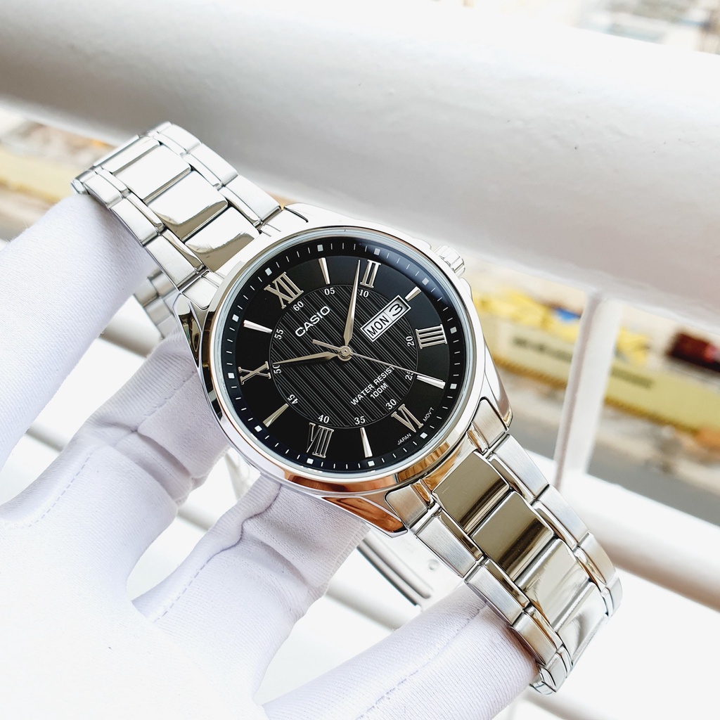 Đồng hồ Nam Casio MTP-1384D-1AV, đồng hồ chính hãng, dây bạc mặt đen