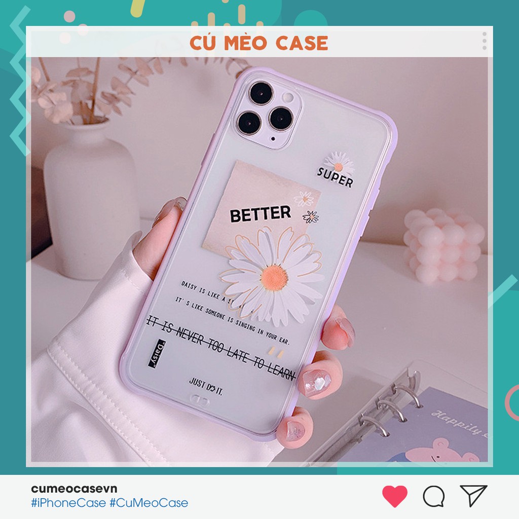 Ốp hoa cúc GD viền tím iPhone 7 8 7 Plus 8 Plus X Xs Xr XsMax iPhone 11 11 Pro 11 Promax Cú Mèo Case