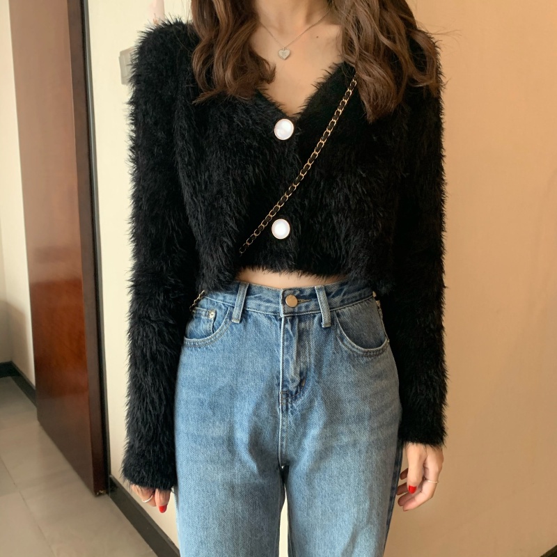 Áo khoác cardigan dệt kim IHKKE cổ chữ v dáng ngắn phong cách Pháp