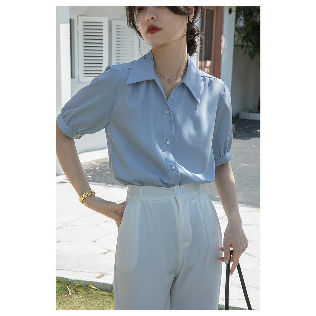 Áo sơ mi nữ cộc tay chất liệu lụa thoáng mát áo sơ mi nữ tay phồng tiểu thư có khuy đính ngọc thanh lịch