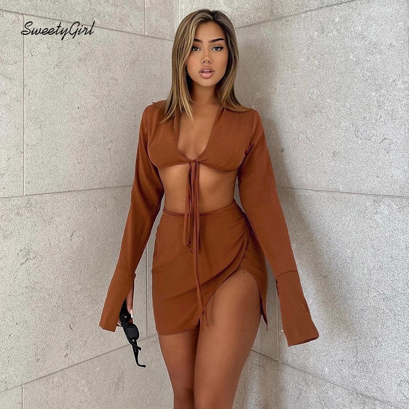 Set áo croptop tay dài cổ bẻ màu trơn + váy ôm eo lưng cao thời trang cho nữ