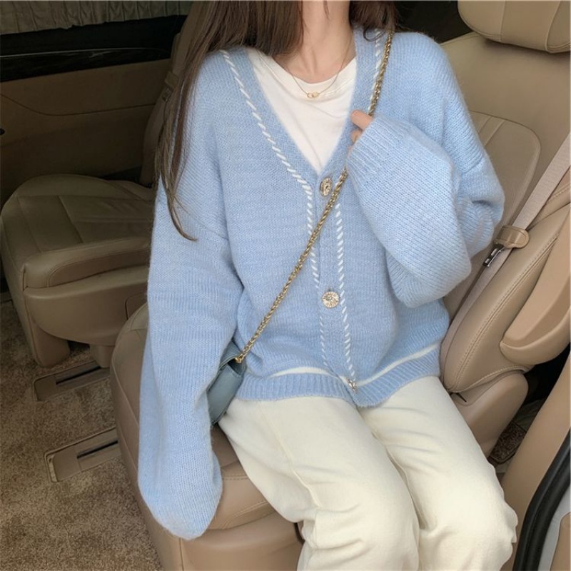 Áo Khoác Cardigan Nữ Len Dệt Kim Phối Viền Màu Hồng Xanh Dài Tay Phong Cách Hàn Quốc Loại 1 Chất len thỏ