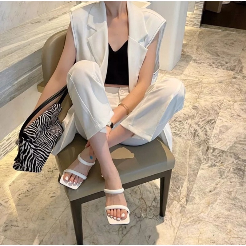 Guốc/ Dép nữ cao gót 7 phân mũi vuông 2 bản mảnh ôm chân