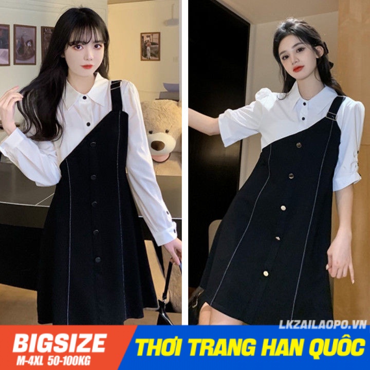 Đầm sơ mi dáng suông Bigsize Váy nữ Giả Hai tay ngắn cổ bẻ mùa hè Phong cách Hàn Quốc Thời Trang tiểu thư cá tính xinh đẹp cho người mập béo