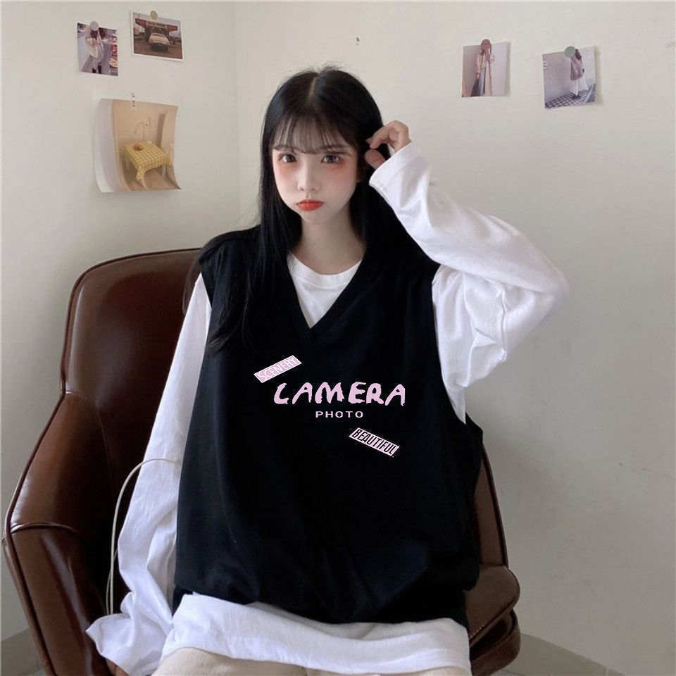 Áo cổ V không tay dáng rộng kiểu Hàn Quốc xinh xắn cho bạn nữ