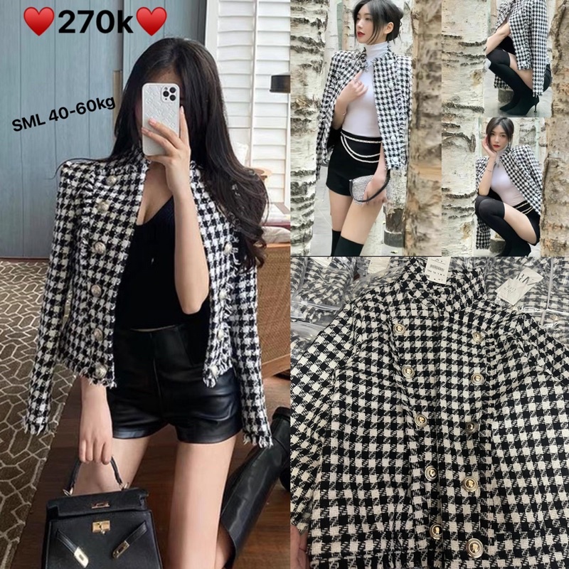 Áo khoác dạ kẻ tua rua cho nữ