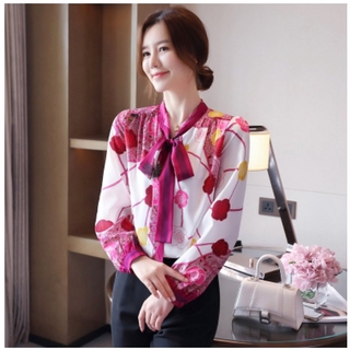 Áo sơ mi dài tay thắt nơ cổ thanh lịch cho nữ