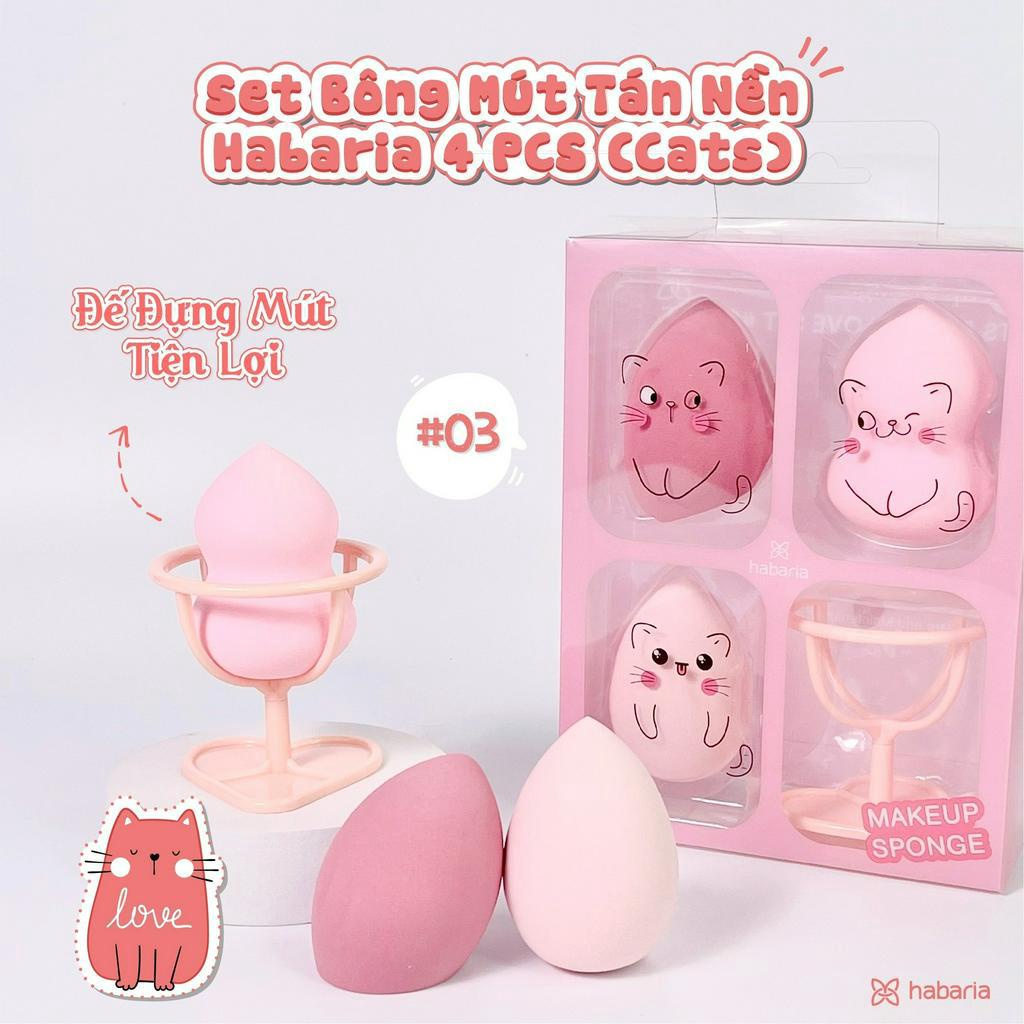 Set Bông Mút Habaria Tán Nền Makeup Sponge Cats Fall In Love 4 Món Có Giá Đở