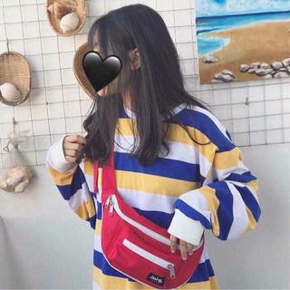 Áo THUN DÀI TAY Sweater TRẮNG SỌC XANH VÀNG UNISEX (form rộng Châu Âu) .
