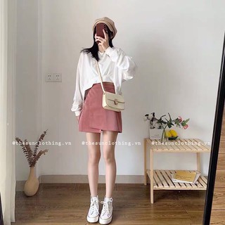 Set áo tay dài & chân váy hồng