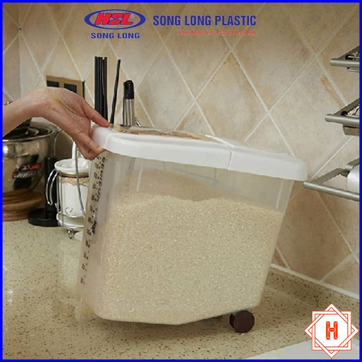 Song Long Plastic Thùng đựng gạo có nắp 10kg, 15kg nhựa cao cấp có bánh xe { H }