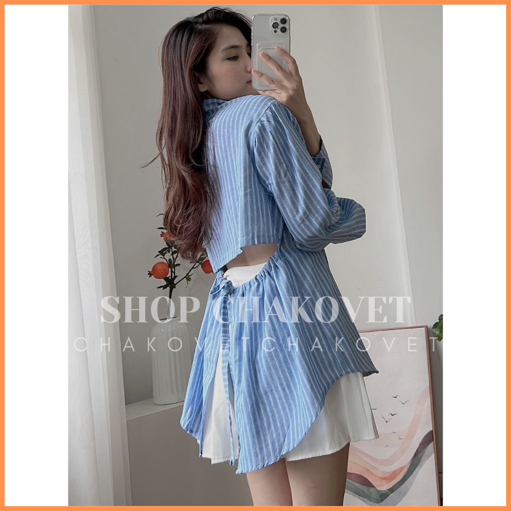Áo sơ mi nữ dài tay A8356 Áo kiểu kẻ sọc thiết kế xẻ lưng học sinh công sở style Hàn Quốc mặc cực cá tính - CHAKOVET