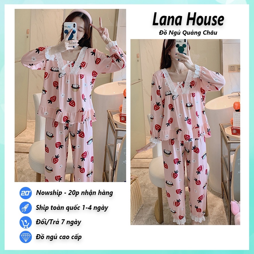 Đồ ngủ nữ mặc nhà dễ thương tay dài quần dài thu đông bigsize chất gân tăm mềm phối nơ cao cấp TDD03