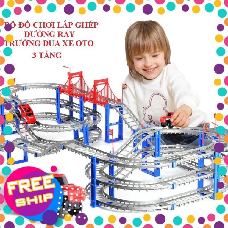 Đồ chơi cho trẻ em bộ lắp ghép đường ray ô tô và tàu lượn 3 tầng