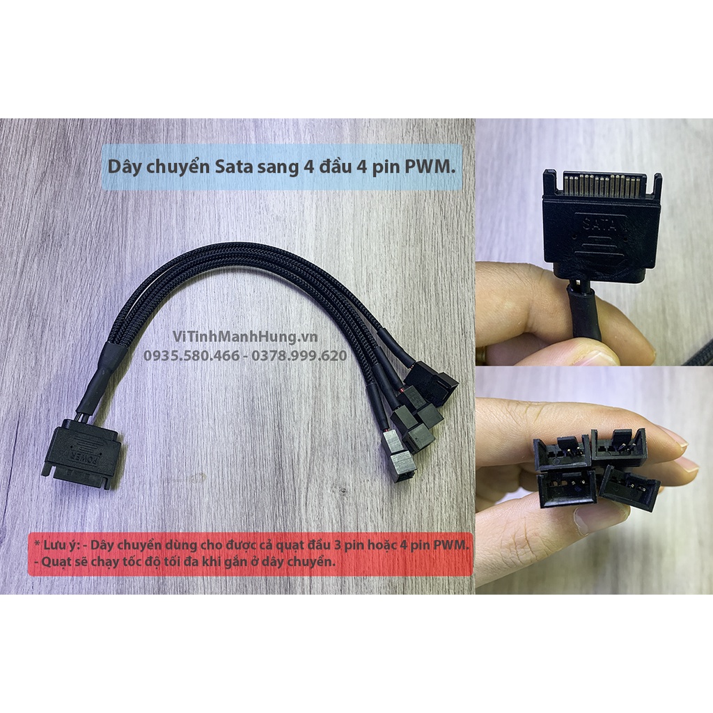 Dây chuyển Sata / Molex Ata sang 4 đầu 4 pin PWM, bọc lưới, dài 25cm.