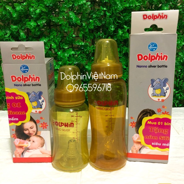 (Tặng thêm 1 núm) Bình sữa cổ hẹp tráng bạc Nano Dolphin 160ml/260ml