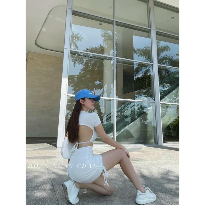 Set Chân Váy Rút Dây 2 Bên, Áo Croptop Tay Ngắn Hở Lưng Cột Dây S044