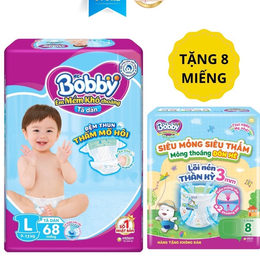 Bĩm dán bobby siêu thấm mẫu mới tặng kèm 6 miếng,tã bobby dán size M76/L68/XL62