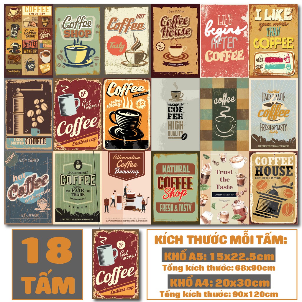 Decal Poster dán tường Vintage Coffee trang trí quán cà phê, trà sữa, nhà ở. MSP: PT03