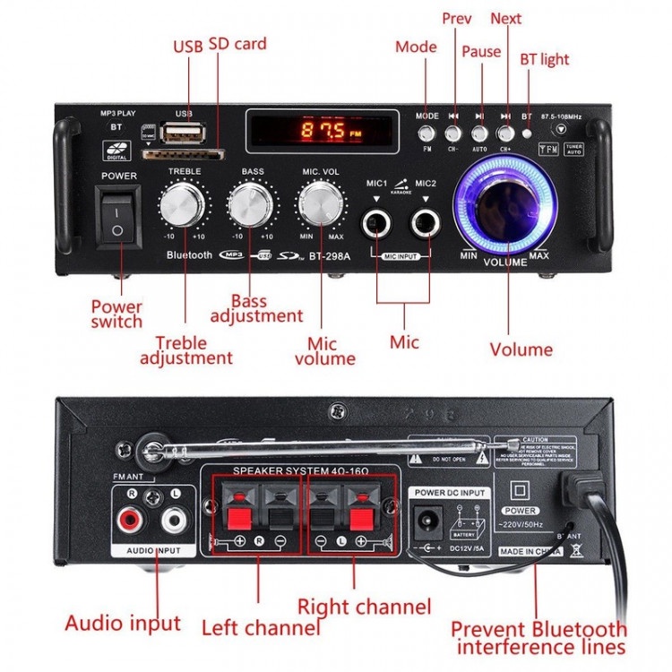 Ampli Mini Bluetooth, Amply Karaoke BT-298A Công Suất Lớn Loa Bass Max 25 - Âm ly Gia Đình, Ô tô Chơi Nhạc Cực Đỉnh