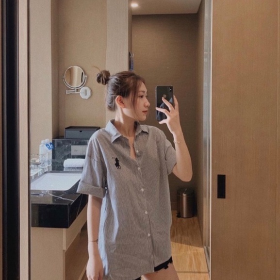 Áo Sơ Mi Kẻ Golf Tay Lỡ VaTi Nữ , ÁoThun polo form rộng thêu logo Ngựa có  sọc màu XANH