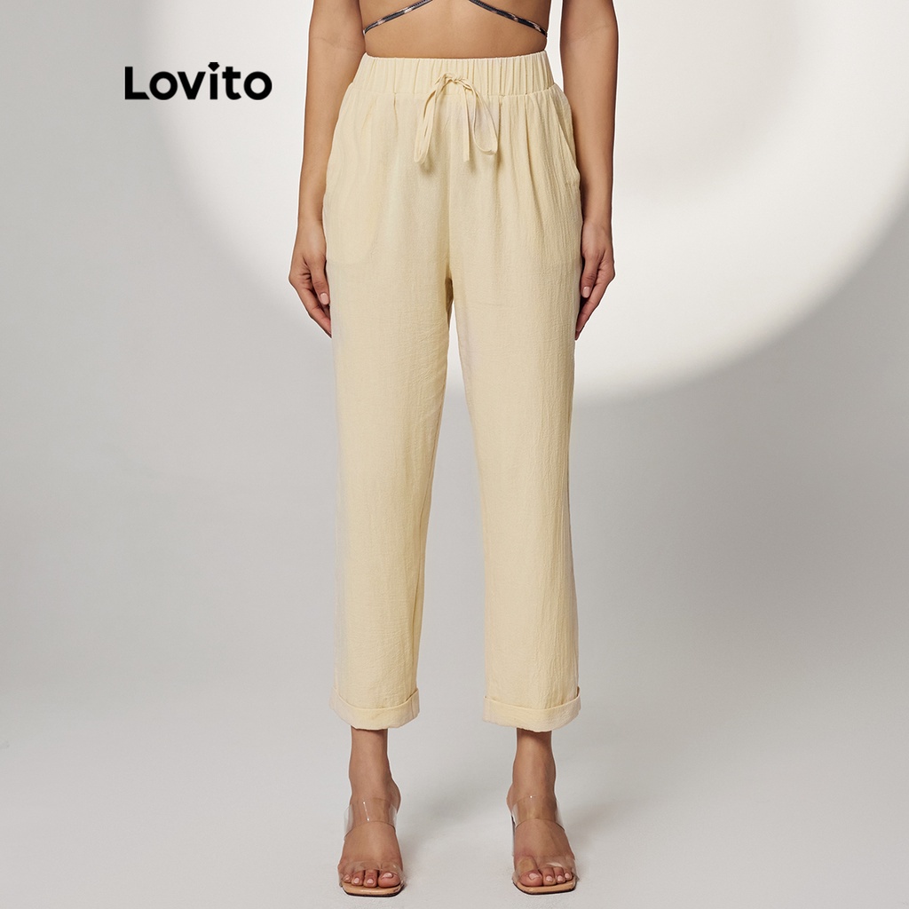 Quần Lovito dáng rộng lưng thun cơ bản màu trơn đính nơ thường ngày L17D151 (Màu mơ)