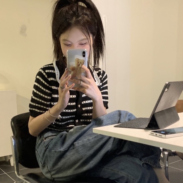 Áo croptop ZHELIHANGFEI dệt kim cổ polo tay ngắn kẻ sọc thiết kế trẻ trung cá tính dành cho nữ