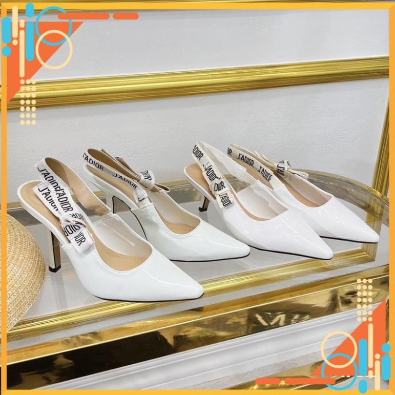 Giày Sandal, Giày Cao Gót Nữ dior trắng gót 6p da bóng hàng fullbox + bill + túi giấy