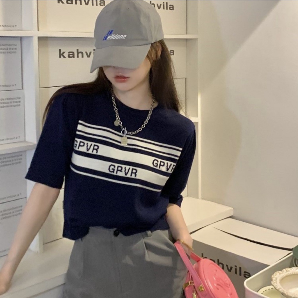 Áo Thun Dệt Kim Mỏng Tay Ngắn In Chữ Màu Sắc Tương Phản Thời Trang Cao Cấp