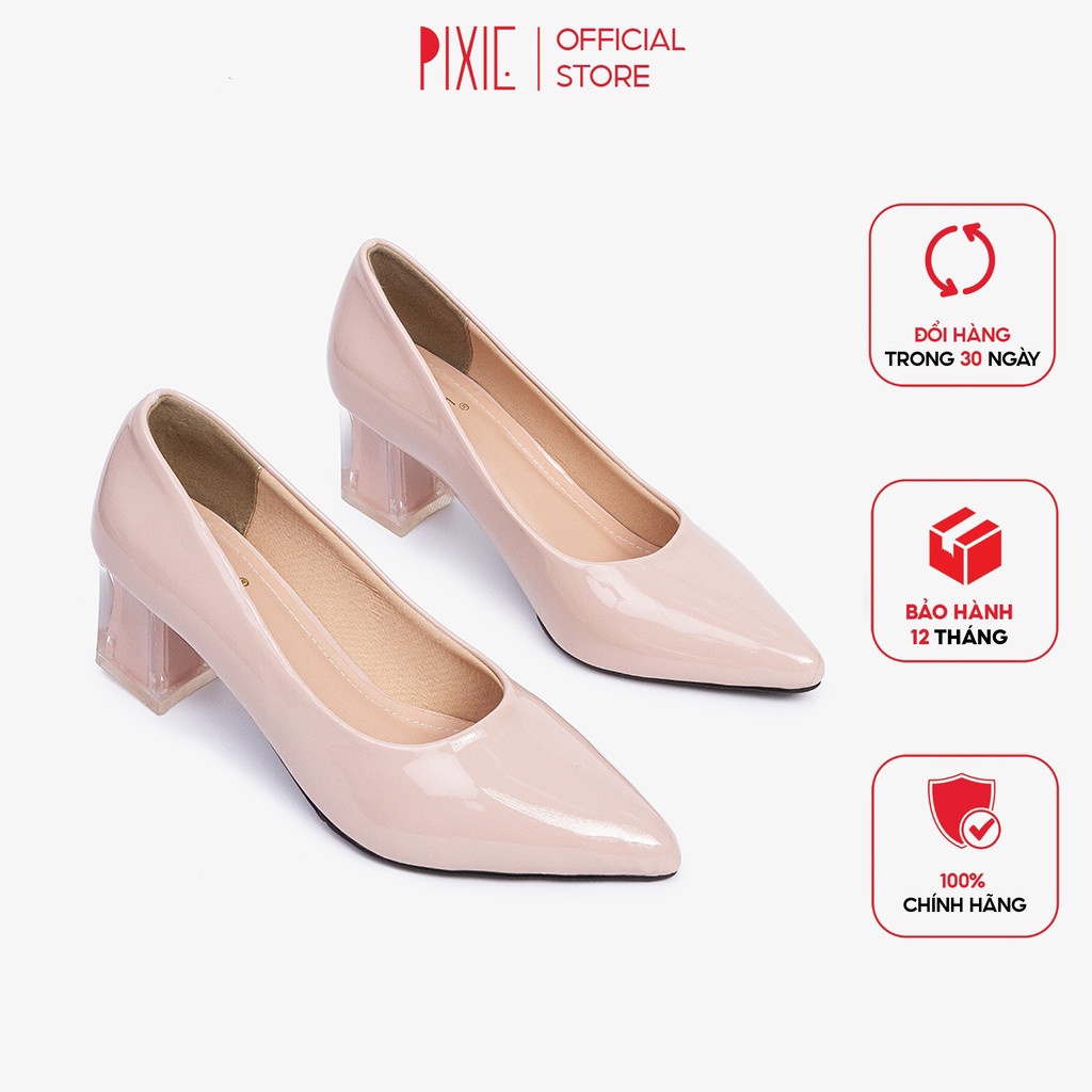 Giày Cao Gót 5cm Da Bóng Mũi Nhọn Đế Vuông Phối Mica Pixie P006