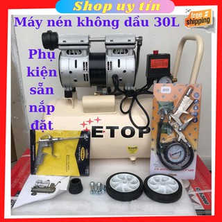Máy nén khí không dầu 30L, Máy nén khí Etop 30L đầy đủ phụ kiện sẵn nắp đặt