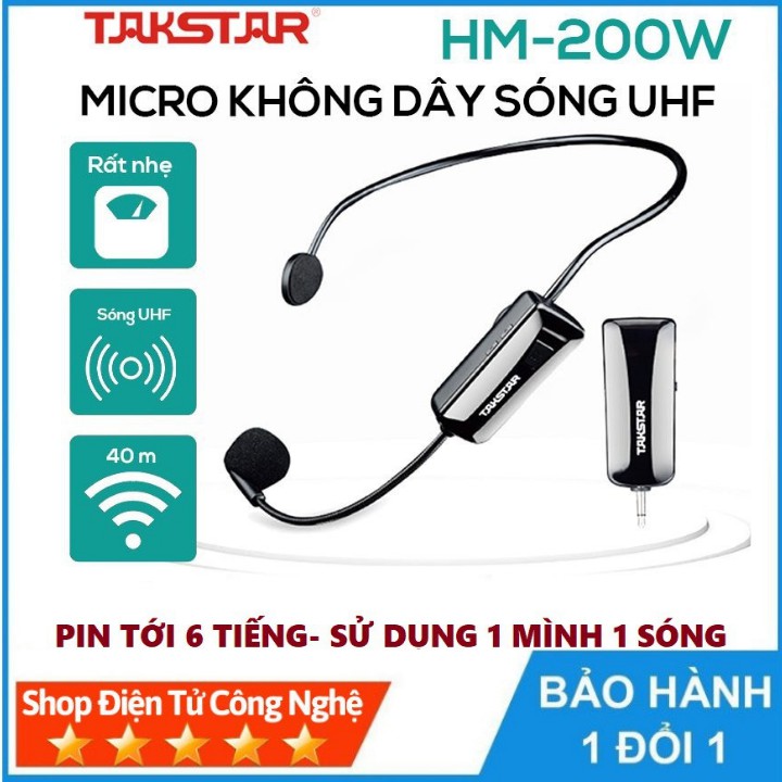 Micro mic không dây TAKSTAR HM-200W đeo tai sử dụng sóng UHF cao cấp, mic đeo tai trợ giảng