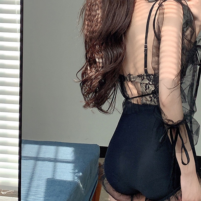 Bộ Đồ Bơi 2 Mảnh Tay Dài Lưng Cao Phối Ren Xuyên Thấu Màu Đen Thời Trang Quyến Rũ Cho Nữ