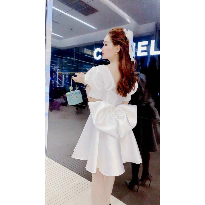 Đầm váy nữ dự tiệc dáng xòe babydoll trắng cổ vuông tay phồng thắt nơ sau duyên dáng tiểu thư xinh đẹp QD Fashion DT021