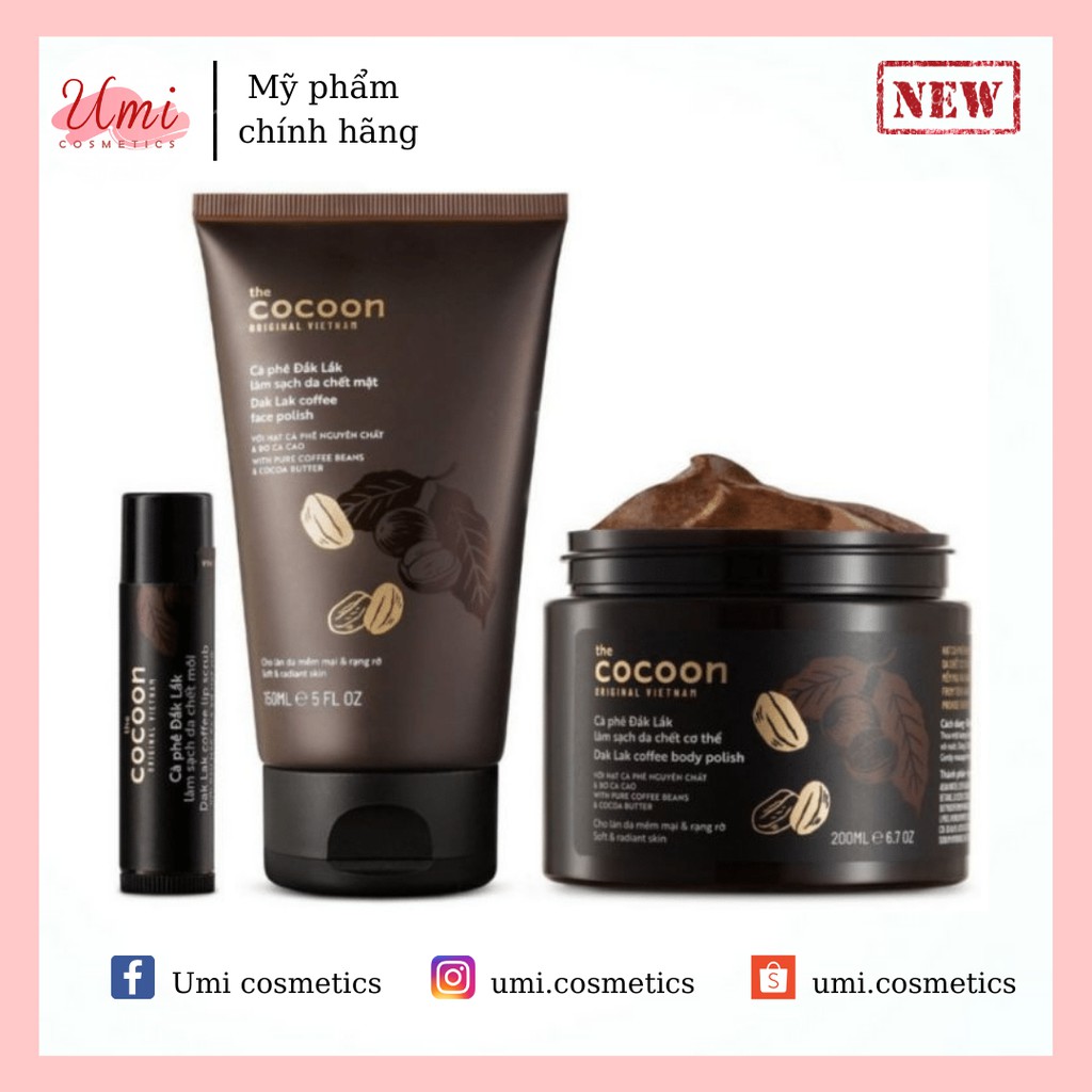 Combo tẩy tế bào chết cà phê Cocoon da body, mặt và môi