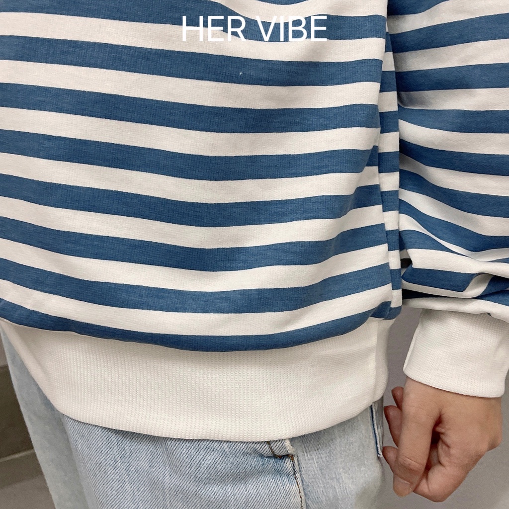 Áo hoodie nỉ nữ form rộng unisex kẻ sọc ngang đen và xanh thun dài tay phong cách Hàn Quốc Her Vibe
