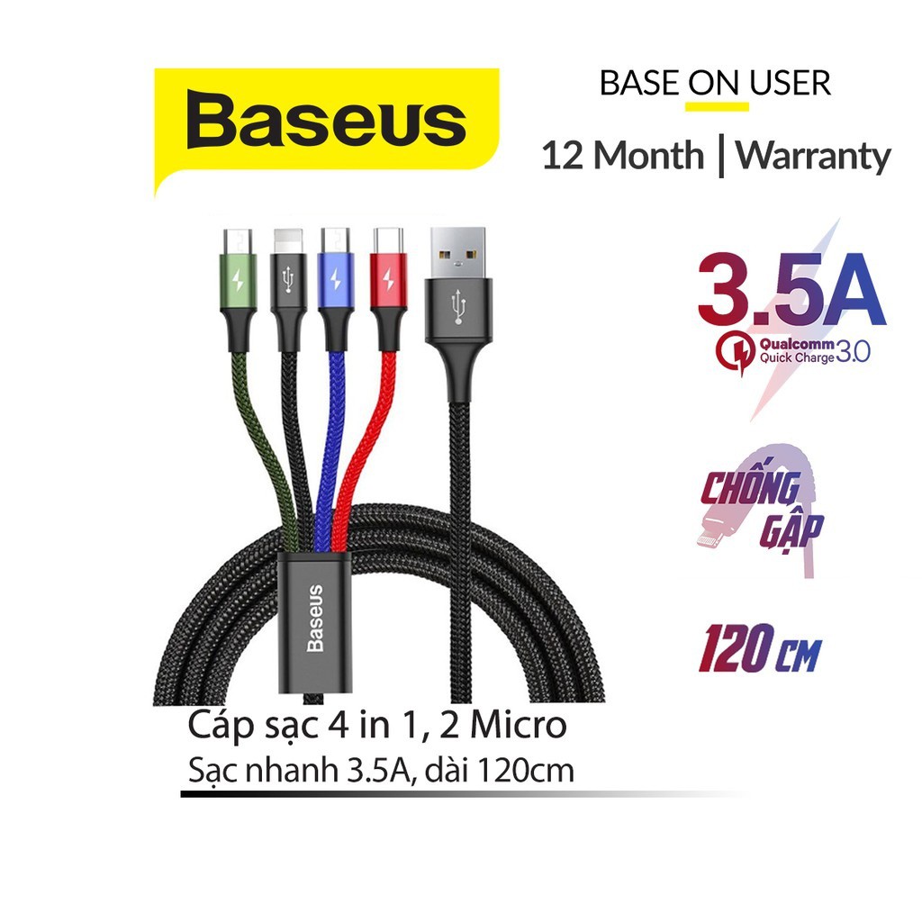 Cáp sạc đa năng 3.5A Baseus Rapid Series 4 đầu/Type-C/2 Micro dài 1.2M tương thích với tất cả các thiết bị