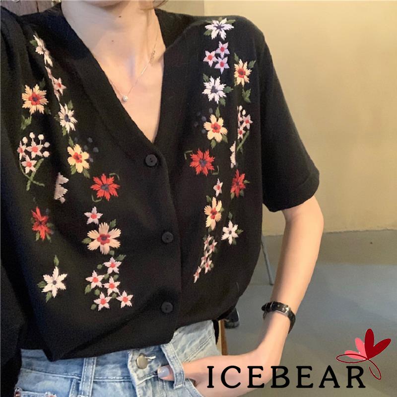 Áo Nữ Ngắn Tay Cổ Chữ V Thêu Hoa Thời Trang