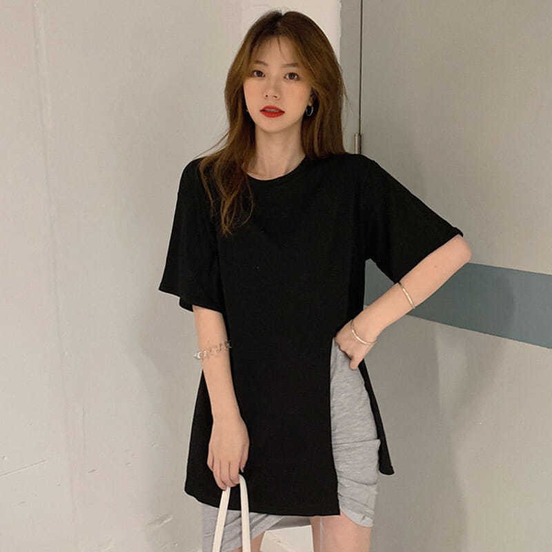 ▩✳❖Áo phông nữ kiểu Tây váy hè 2021 phiên bản mới Hàn Quốc rộng rãi xẻ tà bất thường khoác học sinh ngắn tay tro