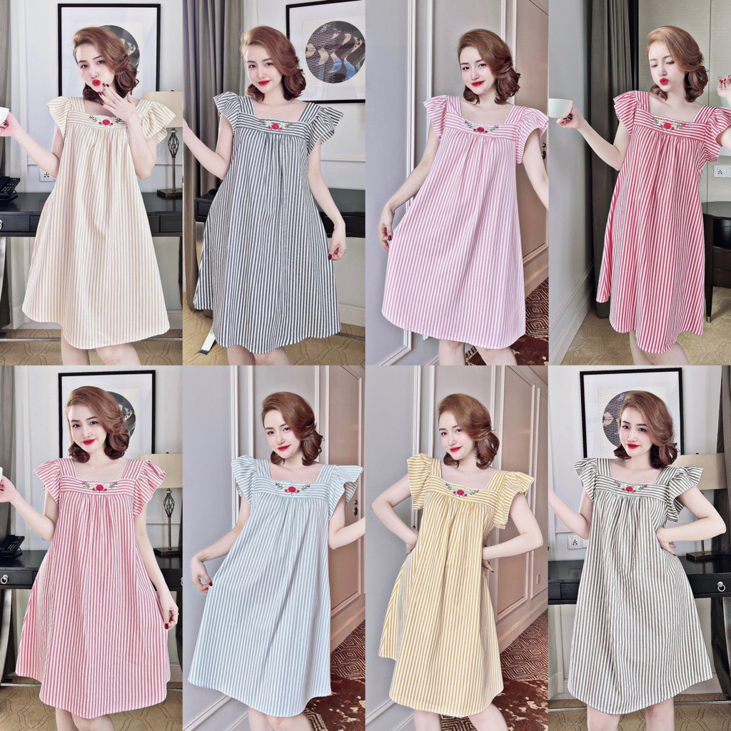 Váy Ngủ Nữ Sọc Linen Thêu Dáng Xuông Liền Thân S688