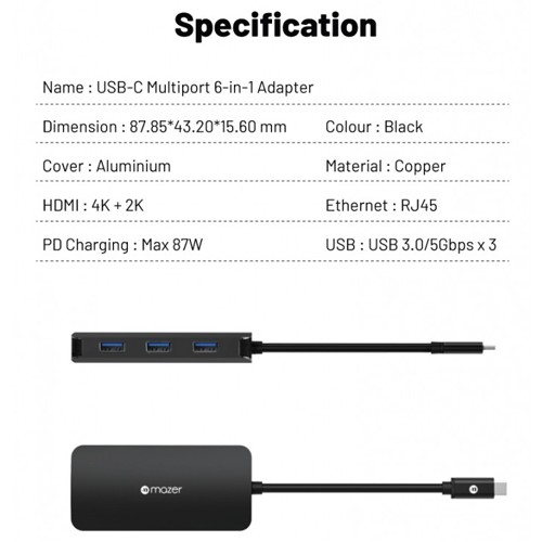 Cổng Chuyển Đổi Mazer USB-C 6-in-1 HUB Gigabit Ethernet cho phép kết nối mạng nhanh chóng khi mạng không dây