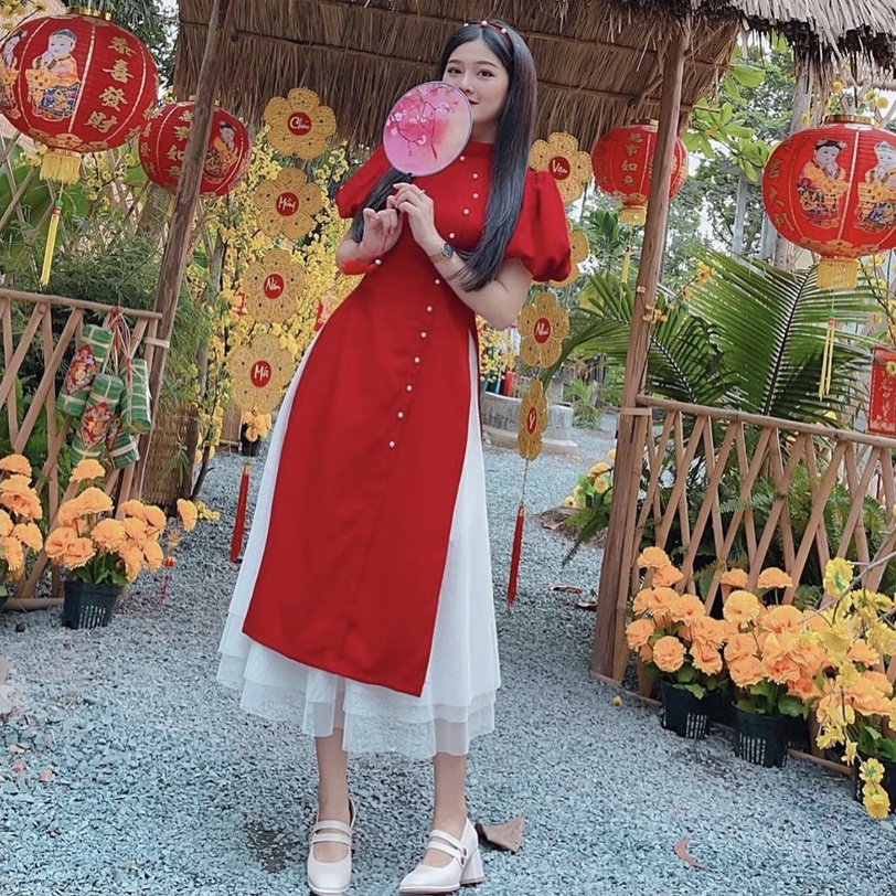 Set Áo Dài Cổ Tàu Và Chân Váy Voan Lưới Xoè Trắng