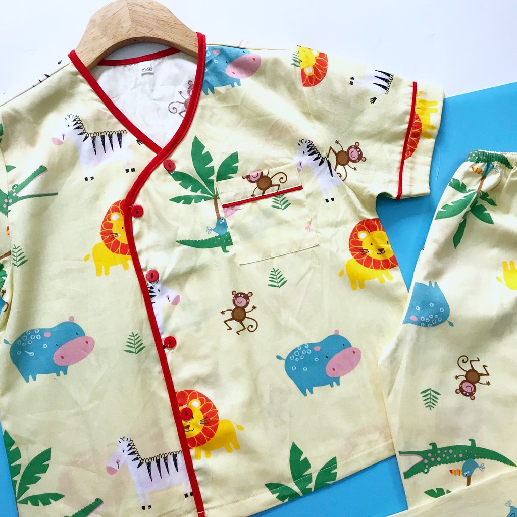 Pijama tay ngắn cho bé thô cotton hút mồ hôi hình thú nhiều mẫu 10-45kg