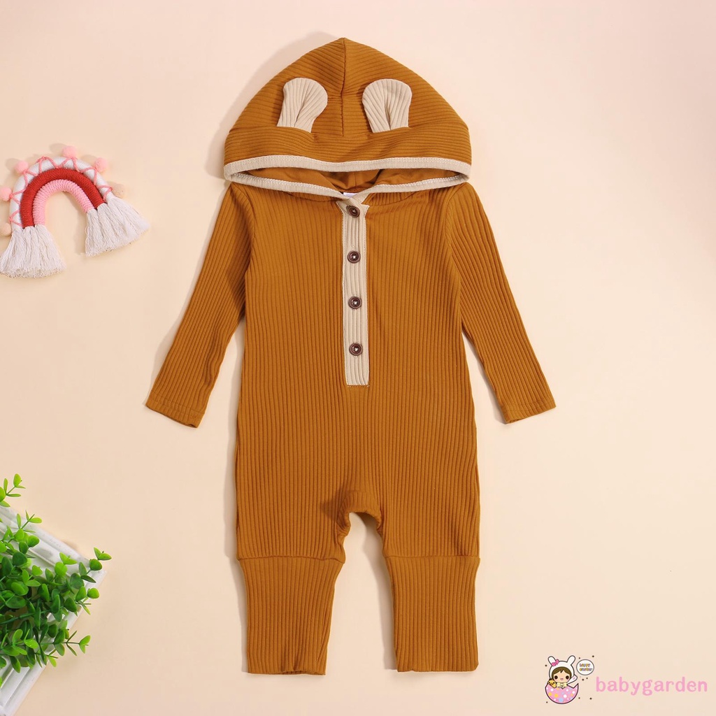 Áo liền quần tay dài có mũ màu tương phản phối nút cài thời trang dễ thương cho bé