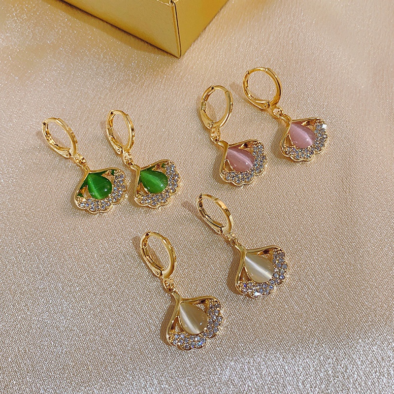 Bông Tai Dáng Dài Đính Đá Opal Hình Lá Ginkgo Phong Cách Hàn Quốc Thời Trang Cho Nữ