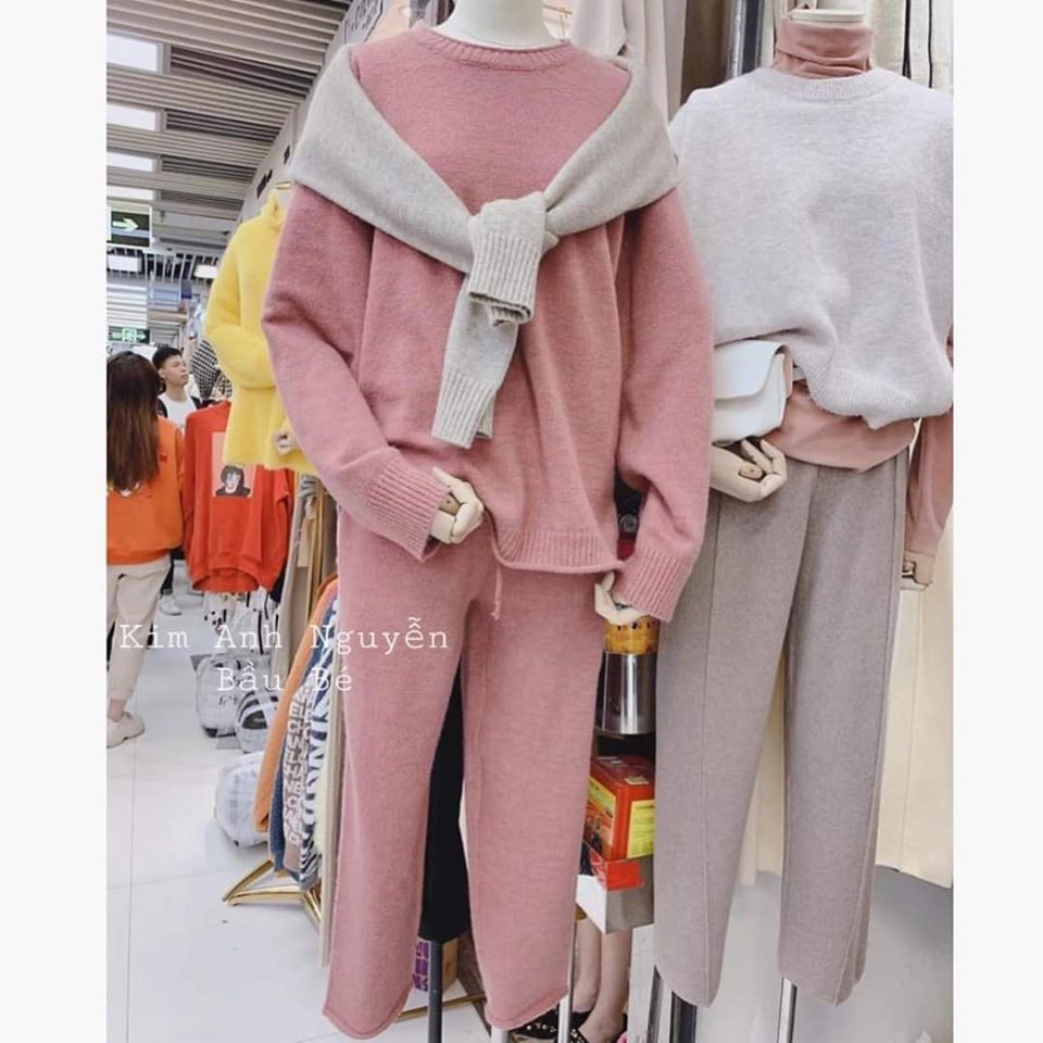 SET BỘ ÁO LEN MIX QUẦN SUÔNG MÀU HỒNG