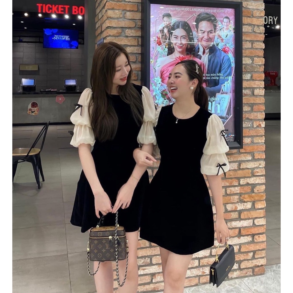 Váy tay bồng nơ phối nhung đen, Đầm nữ nhung ngắn Daski