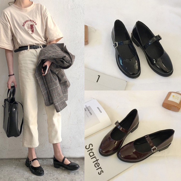 ulzzang Giày da bóng nữ sinh phong cách vintage 902, giày da gingham cao cấp, giày mary jane bóng